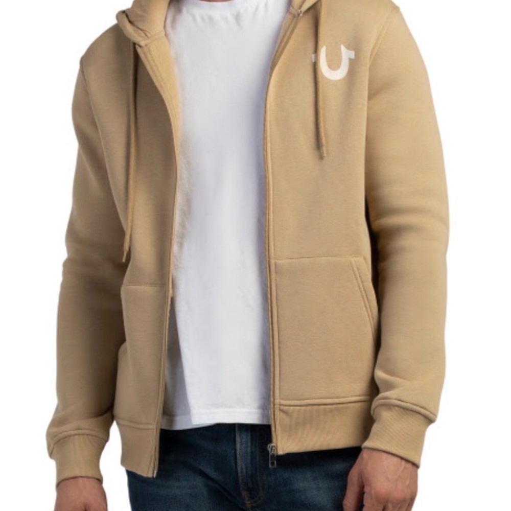 True Religion Men’s Medium Buddha Logo Zip Up Hoodie Tan Brown MSRP $119